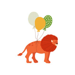 Animal lion carries  balloons for birthday