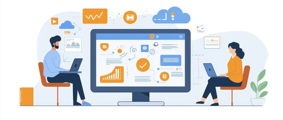 Business professionals leverage internet technology and digital marketing techniques, representing the concept of digital marketing technology.