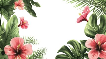 Tropical flowers frame, white background, summer design, website banner