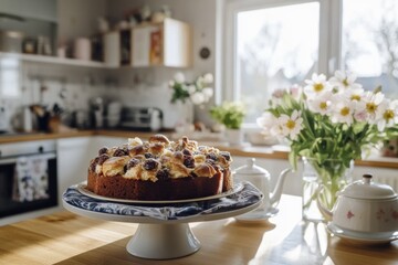 Cozy kitchen ambience with freshly baked simnel cake and floral decor