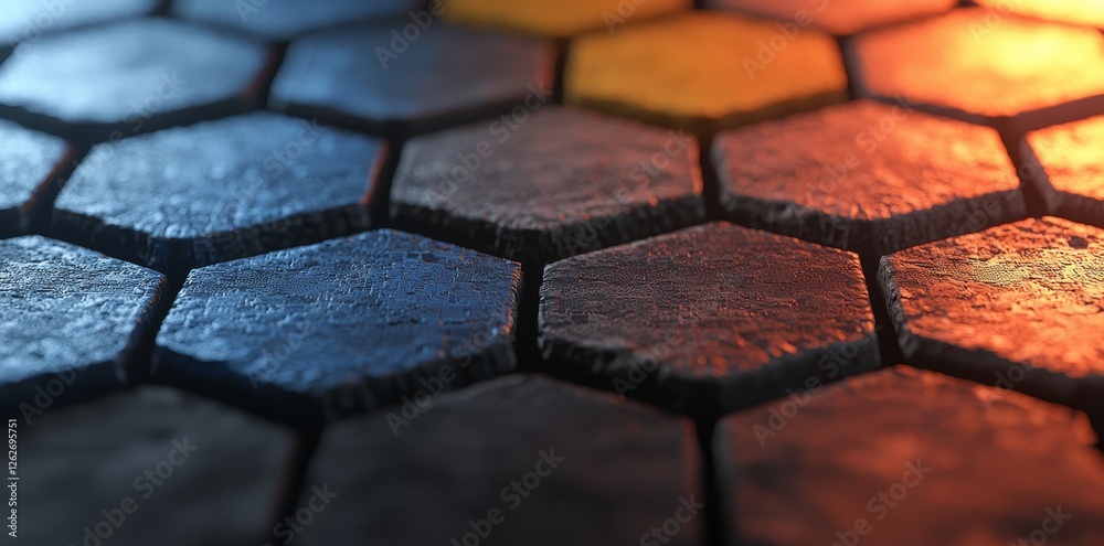 Poster background of an abstract hexagon pattern enhanced by glowing lights, created using stock