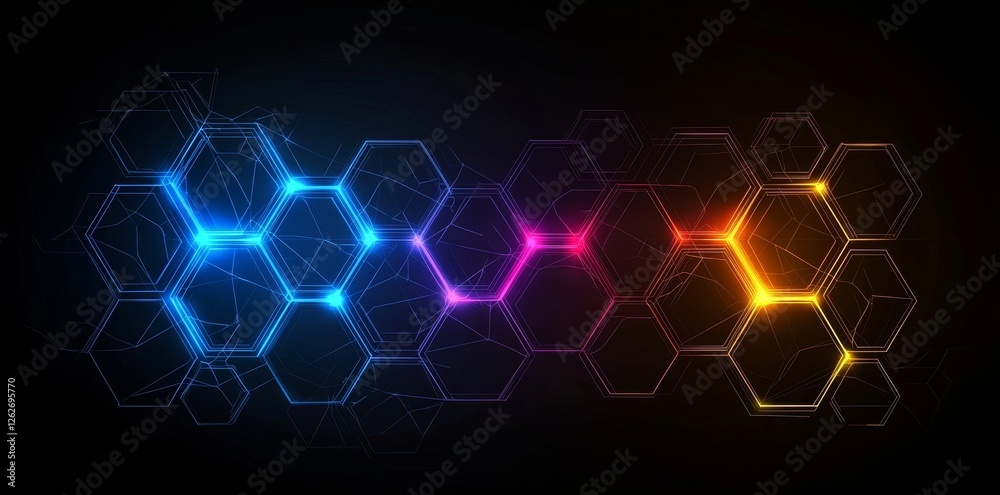 Poster an abstract design with a hexagon pattern and illuminated lights, generated by ai