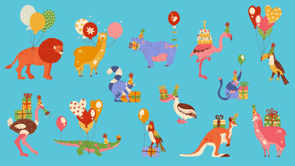 Set birthday animals  carry gifts, balloons
