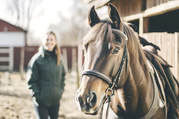 Obraz premium Curious horse with sunlit mane looking into camera