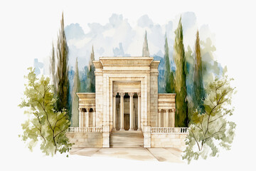 Watercolor illustration of King Solomon's Temple in Jerusalem
