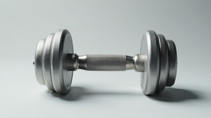 A metallic dumbbell rests on a plain surface, showcasing its weight plates and textured grip.