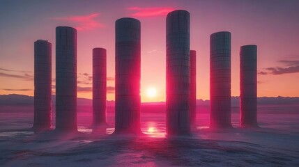 Heavy industrial towers appearing futuristic in form, standing against a glowing neon pink horizon