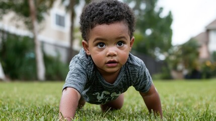 Toddler crawling on grass in backyard