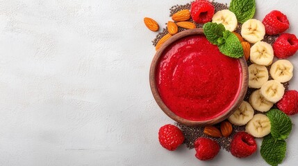 Fresh and Colorful Raspberry Banana Smoothie Bowl with Nuts and Mint Leaves on White Background