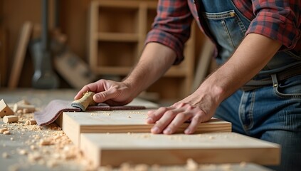A carpenter's hands skillfully work wood with tools in a construction workshop