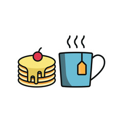 Tea and pancake set icon represents a cozy and classic breakfast pairing, perfect for café branding, bakery menus, brunch promotions, and warm beverage visuals.