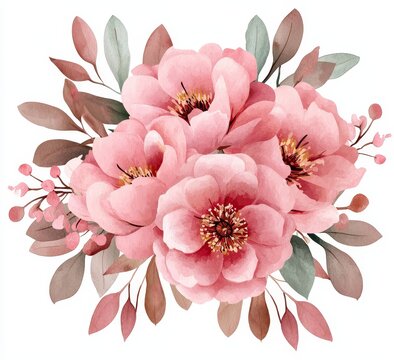recommend clip art: Watercolor illustration featuring white background, showcasing red, burgundy, and brown autumn wild flowers alongside eucalyptus branches, leaves, and twigs, available as a cut-out, hand-drawn PNG