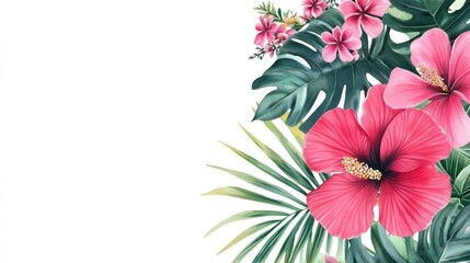 Tropical hibiscus flowers, palm leaves, white background; summer invitation design