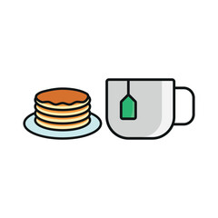 Tea and pancake set icon represents a cozy and classic breakfast pairing, perfect for café branding, bakery menus, brunch promotions, and warm beverage visuals.