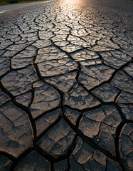 長年の風雨で刻まれた舗装の細かな亀裂と、そこに生じるランダムなパターン