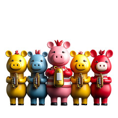 Naklejka premium 3D cartoon farm animals forming band, each with musical instrument, showcasing vibrant colors and playful expressions, creating joyful atmosphere