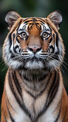 Obraz premium Close-up of a tiger showcasing its large face and striking features in a natural habitat setting
