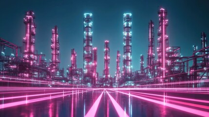 Fototapeta premium Oil refinery towers silhouetted over a futuristic cyberpunk-inspired pink industrial glow