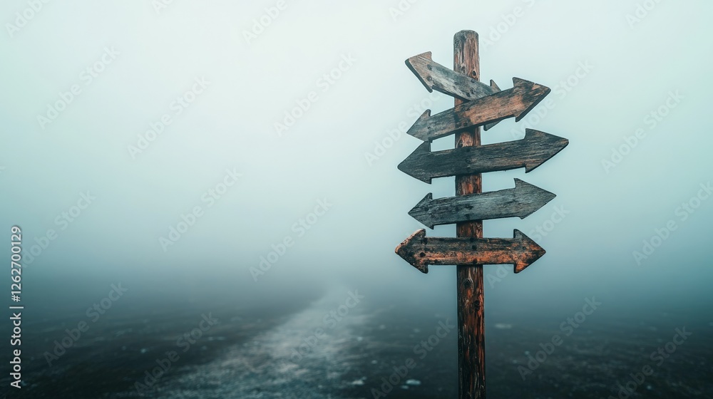 Poster Wooden signpost with multiple arrows pointing in various directions, symbolizing choices, decisions, and the fear of better options - fobo - amidst uncertainty and a foggy path