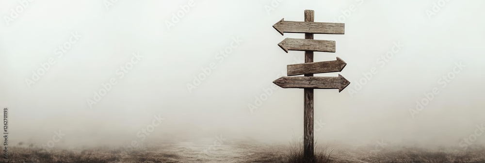 Poster Wooden signpost featuring four arrows pointing in various directions, representing choices and decision making amidst a foggy landscape filled with mystery