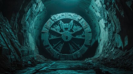 Silhouette of a massive tunnel boring machine, set against a moody deep blue underground scene