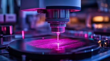 A close-up reveals a microchip wafer in the process of chemical etching, illuminated by vibrant pink light in a high-precision lab setting, showcasing advanced technology and intricate details.