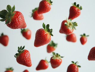 Fresh strawberries flying around to the water, refreshing, juicy. 