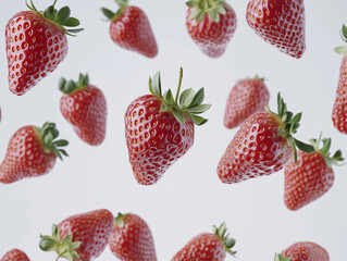 Fresh strawberries flying around to the water, refreshing, juicy. 