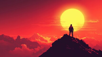 Lone adventurer standing at peak during golden sunset mountain range digital art dramatic landscape inspirational view