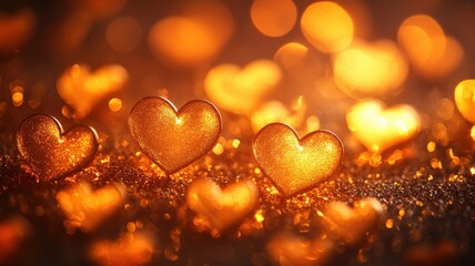 Fototapeta premium Luminous golden hearts fading into a blurred fest abstract art dreamy atmosphere close-up view