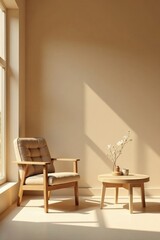 Serene Minimalist Living Room Corner Featuring a Light Beige Upholstered Armchair and a Small Wooden Coffee Table with Flower Arrangement
