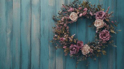 A spring flower wreath garland with colorful blossoms and greenery on an old rustic blue and green wood background, perfect for spring celebrations or rustic home decor.