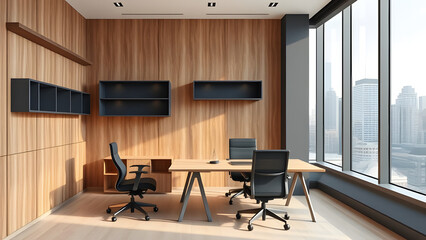 This contemporary office interior features a modern table and comfortable chairs