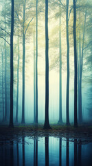 Obraz premium Enchanting forest scene with tall trees and serene mist, offering a tranquil escape into nature's calming beauty and serenity.