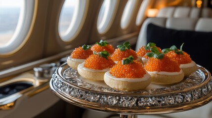 Elegant Caviar Canapes Private Jet Gourmet Selection Luxurious Interior Aerial View Refined Culinary Experience