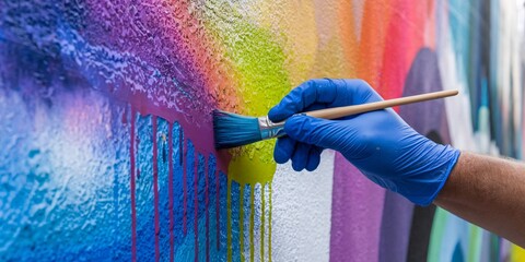 Fototapeta premium Artist Painting Vibrant Mural with Brush. A gloved artist uses a brush to apply vivid colors to a mural, showcasing creativity and expression in an urban setting filled with dynamic art.