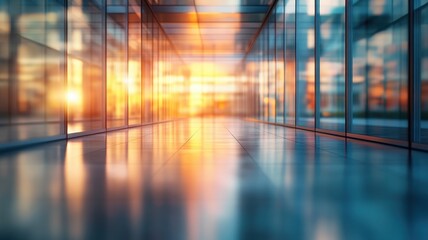 Fototapeta premium Sunset reflections in a bright modern office urban environment photograph glass structure viewpoint