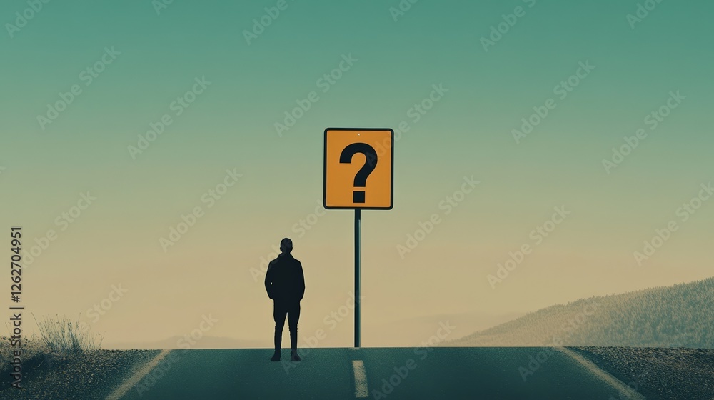 Poster man is standing on a crossroad at sunset, facing a question mark sign, symbolizing important choices