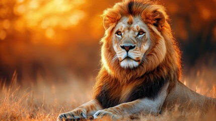 Fototapeta premium Lion laying in grass under natural habitat in wildlife setting