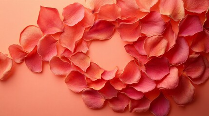 Obraz premium Rose petals arranged in a circular shape on coral background