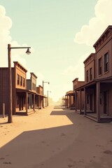 A sun-drenched deserted street lined with old western-style buildings under a pale sky, suggesting a quiet, forgotten town in the arid landscape.