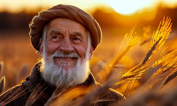 Happy old man stay on wheat field at sunset 