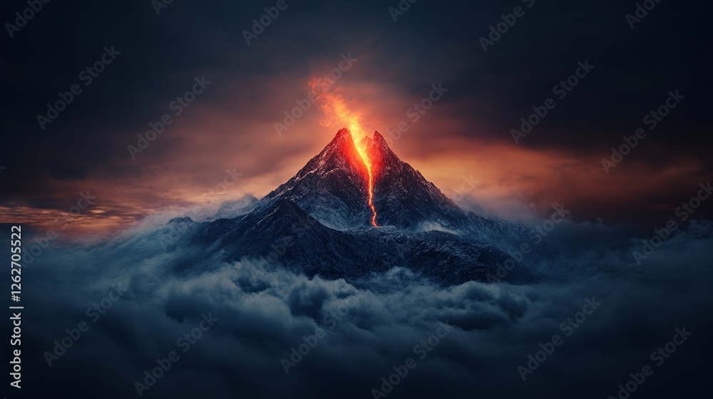 Poster dramatic scenery of a snowy volcano erupting with a stream of lava flowing down the mountainside, su