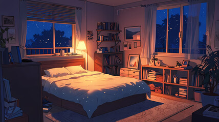 A cozy anime bedroom at night, with a soft bedside lamp casting gentle shadows. A plush bed, books scattered, and a serene, warm atmosphere.