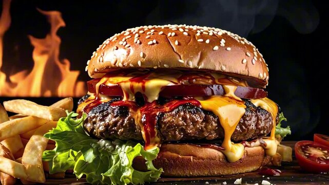 Juicy grilled burger topped with melted cheese and crispy bacon alongside golden fries