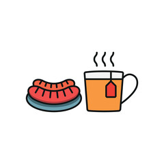Tea and sausage set icon represents a hearty and comforting meal, perfect for café branding, breakfast menus, food truck promotions, and traditional dining visuals.