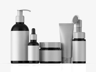 Blank cosmetic container mockup template, including jar, pump bottle, cream tube, and dropper 3d template illustration.