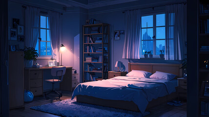 A cozy anime bedroom at night, with a soft bedside lamp casting gentle shadows. A plush bed, books scattered, and a serene, warm atmosphere.