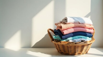 Fototapeta premium Neatly Folded Garments Resting in a Wicker Basket Basking in Soft Sunlight
