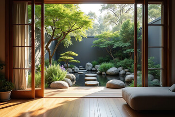 Fototapeta premium Modern Zen Courtyard with Koi Pond, Stepping Stones, and Open Glass Doors